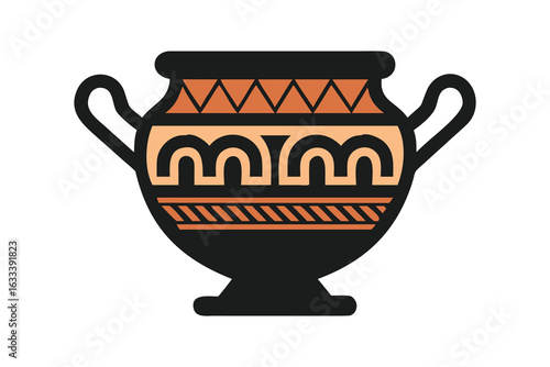 Greek Pottery Icon with Geometric Tribal Pattern in Black and Orange