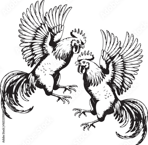 Hand-Drawn Rooster Fight Engraving Vector Illustration with Dynamic Feather Detail