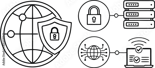 Cybersecurity and Network Protection Concepts with Globe Shield Lock Server and Laptop Black and White Illustration