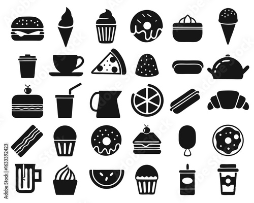 A comprehensive collection of diverse food and beverage themed graphical elements presented in a clean and modern illustrative style isolated on transparent background