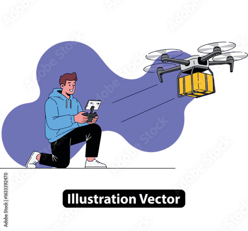 A young man remotely operating a quadcopter drone for a modern package delivery service
