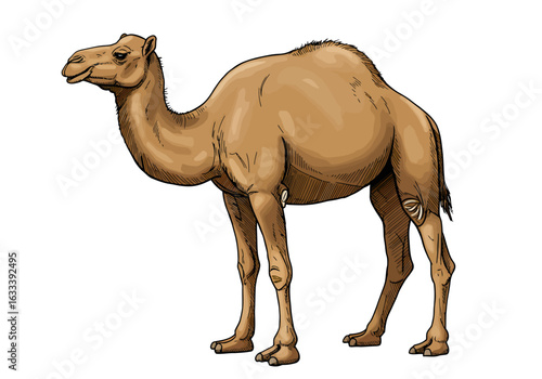 Detailed illustration of a standing brown dromedary camel with a single hump.