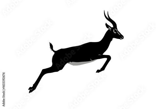 Elegant black silhouette of a leaping gazelle with curved horns, captured in a dynamic, graceful pose.