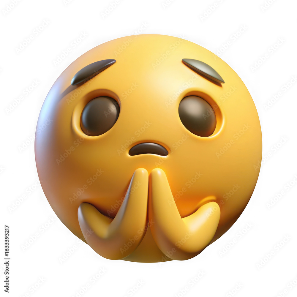 Fototapeta premium Pleading emoji face with hands together isolated on transparent background