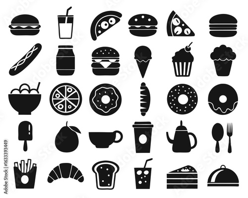 Comprehensive collection of food and drink pictograms representing various culinary items and beverages isolated on transparent background
