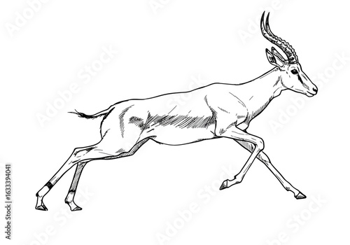 Ink Drawing of an Impala Antelope in Mid-Stride, showcasing detailed musculature and lyre-shaped horns.