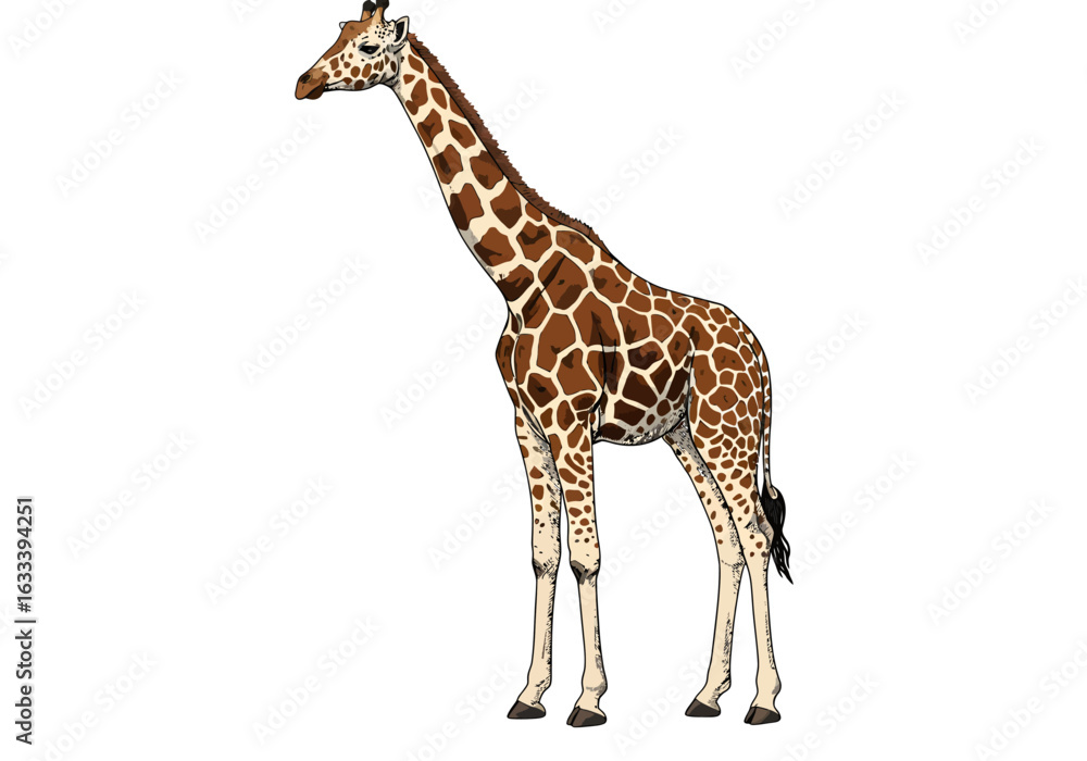 Naklejka premium Standing Giraffe Illustration with Brown and White Spots, Long Neck, and Tail