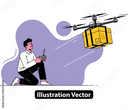Man operating a remote control to fly a delivery drone with a package. Future logistics concept.