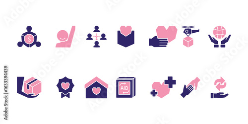 Charity and social welfare icon set collection for giving, nonprofit organizations, volunteering, donation, community support, humanitarian aid, and global relief
