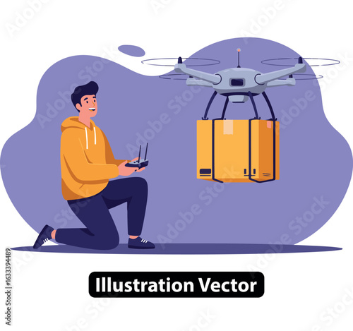 Vector illustration of a man operating a drone for an autonomous parcel delivery service
