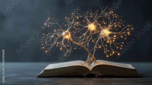 Glowing neurons connected to books, symbol of cognitive connection