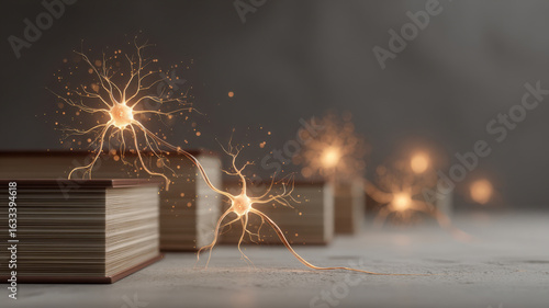 Glowing neurons connected to books, symbol of cognitive connection