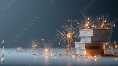 Glowing neurons connected to books, symbol of cognitive connection