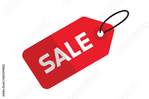 Red Sale Tag with White Lettering on a White Background; Discount Marketing