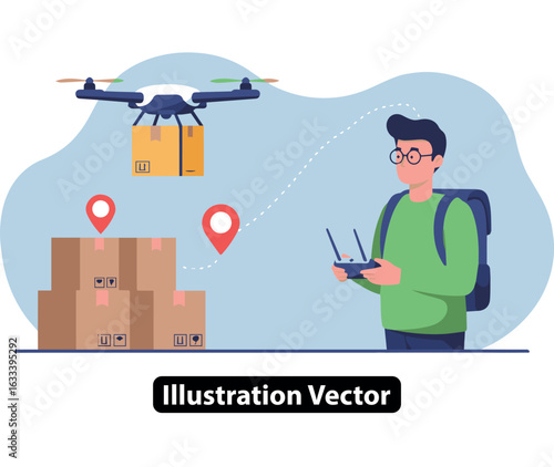 Futuristic logistics concept with an operator guiding a quadcopter for parcel delivery