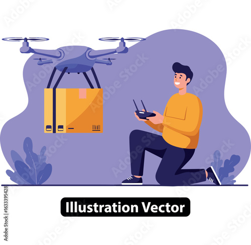 Man operating a delivery drone with a remote control to transport a cardboard package