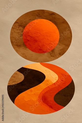 Abstract composition featuring warm orange and brown circular shapes.
