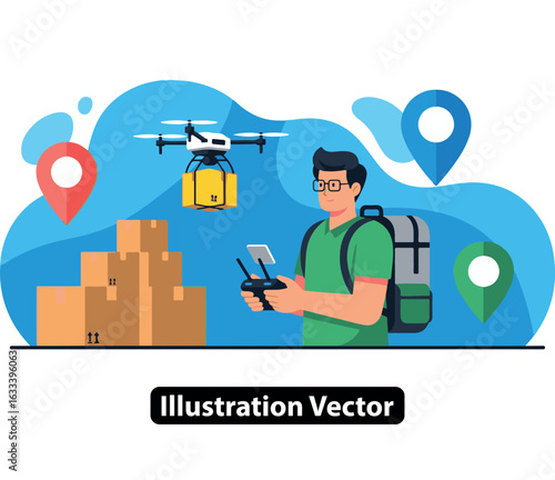 Man operating a delivery drone with a remote for futuristic package shipment logistics
