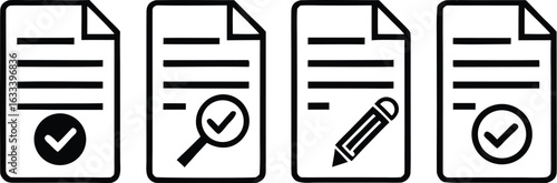 Documents with Checkmarks and Editing Icons for Business Processes and Approval Workflows in Black and White