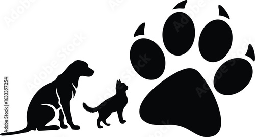 Dog Cat and Paw Print Silhouette Vector Illustration Pet Companion Animal Lovers Design Domestic Animals Pets and Footprint