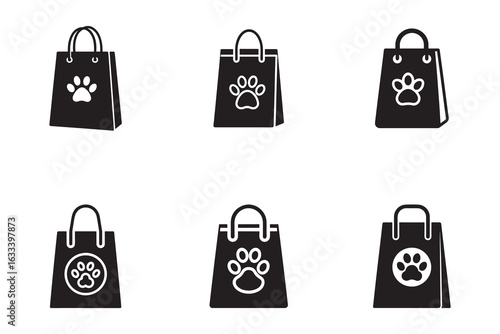 Collection of Black Pet Shop Shopping Bags with Paw Prints Design Illustration Icon