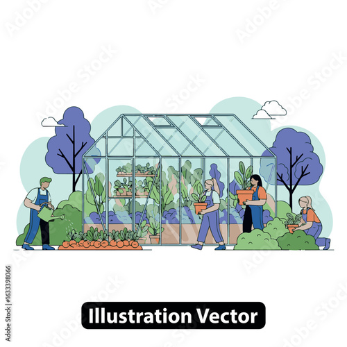 Community of gardeners cultivating plants and vegetables in and around a modern glass greenhouse