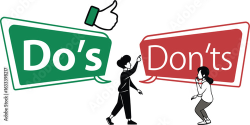 Dos and Donts Illustration with People Considering Options and Best Practices for Success and Guidance with Positive Reinforcement
