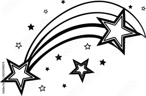 Dramatic shooting star illustration on white with smaller stars for design element or overlay in cosmic projects