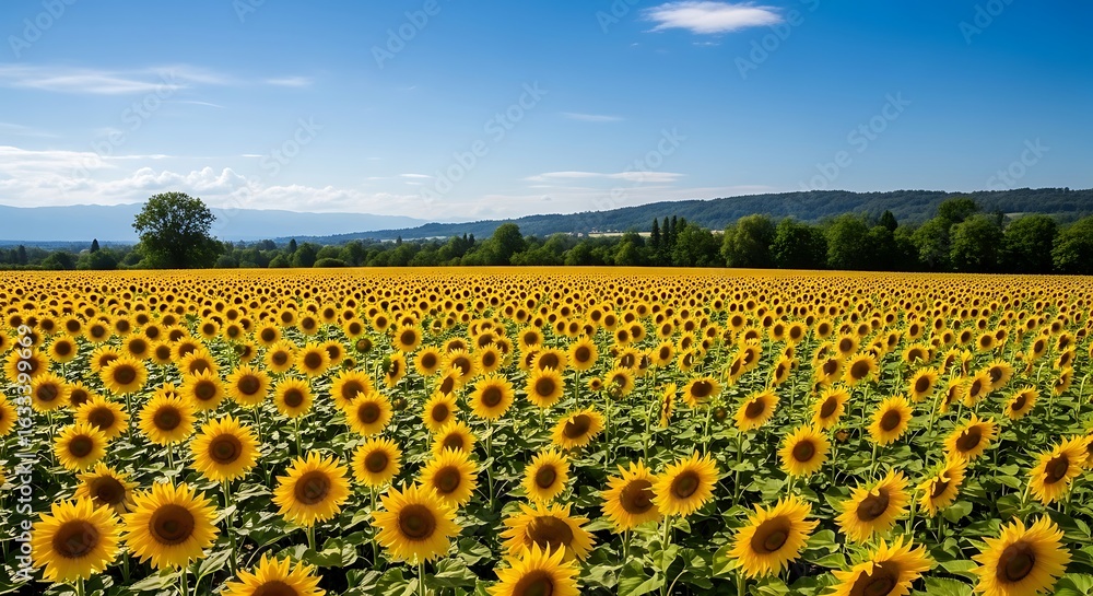 Obraz premium Vast Sunflower Field under a Blue Sky Stunning Summer Landscape Photography
