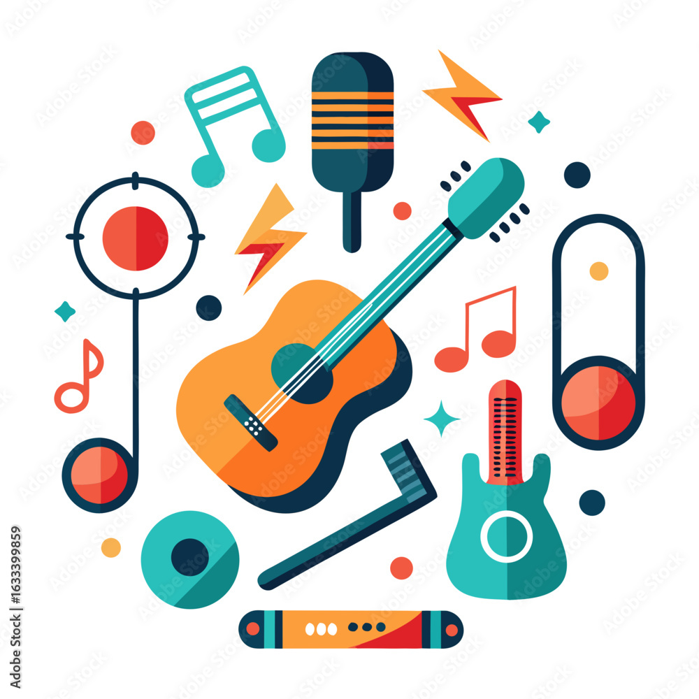 Obraz premium Colorful music elements arranged in a circle with guitar and microphones