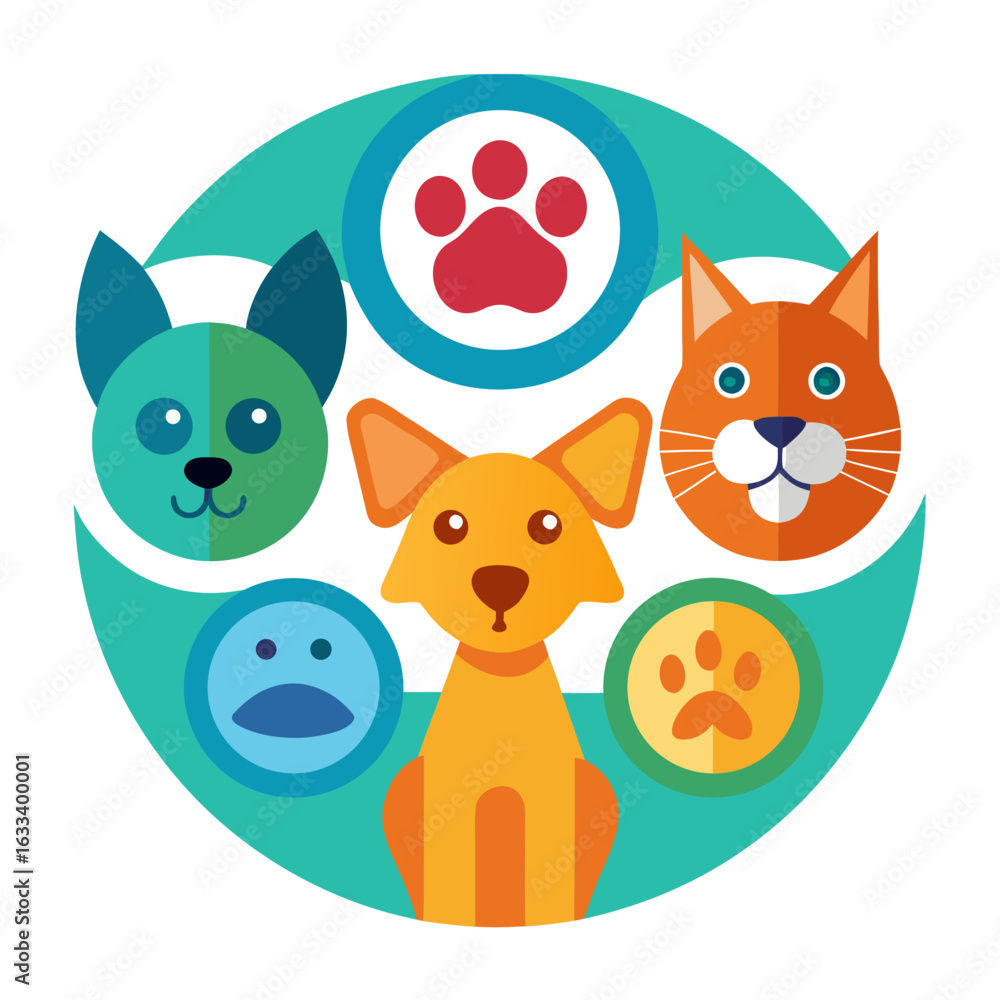 Fototapeta premium Cute cartoon pets including a dog cat and other animals in a circular design