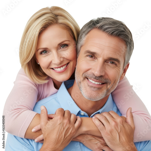 Happy mature couple embracing and smiling together isolated on transparent background
