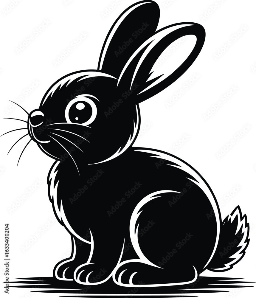Fototapeta premium Black rabbit sitting with large eyes white eyes long ears