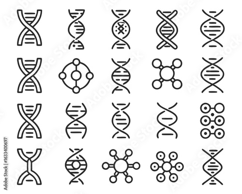 A comprehensive collection of dna structure and molecule icons representing biological research and scientific discovery isolated on transparent background