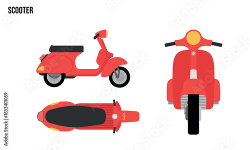 Scooter Flat design illustration, Public Vehicles , top view, side view, front view, isolated by white background