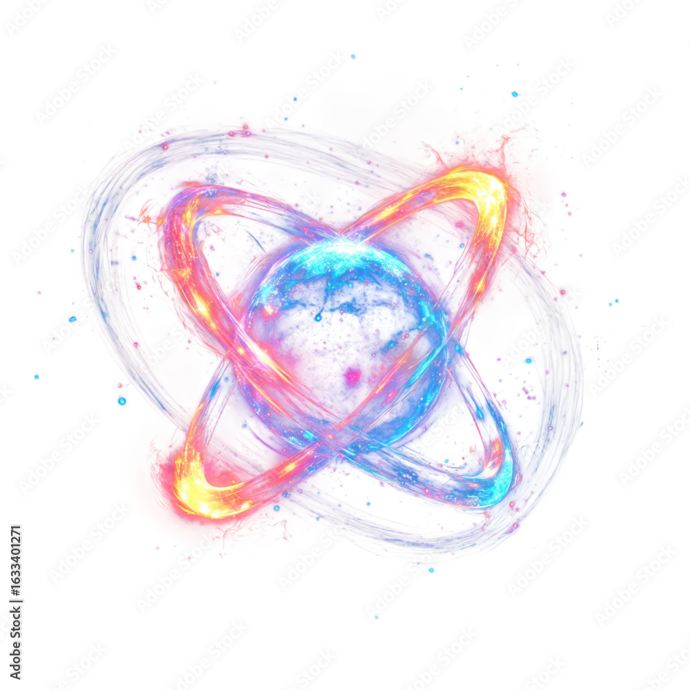Obraz premium Luminous cosmic sphere with orbiting rings, a vibrant representation of energy, science on transparent background