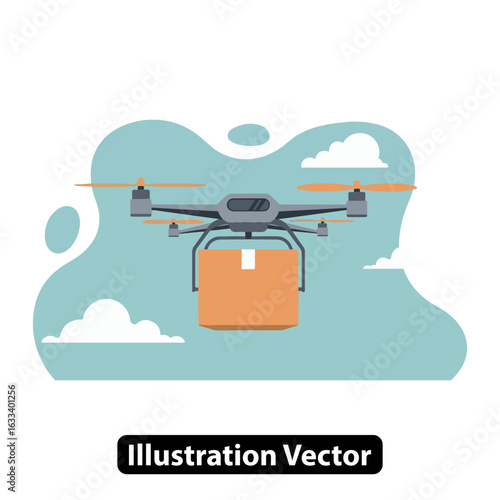 Drone delivering a package through the sky. Future of logistics and autonomous shipping concept.