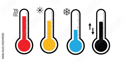 Thermometer icon collection | temperature indicator set with cold freeze and hot heat symbols for weather and climate.