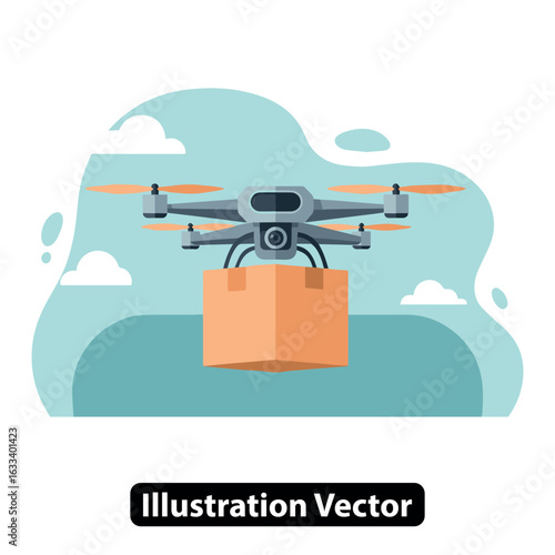 Autonomous quadcopter drone carrying a package for futuristic contactless delivery service.