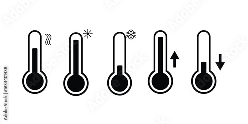 Hot and cold temperature vector icon set isolated on white background. Winter and summer weather thermometer with snowflake and sun symbols. Low and high temperature flat illustration collection.
