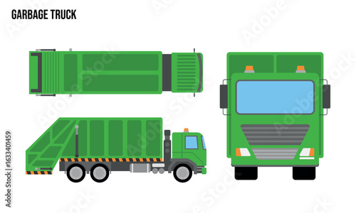 Garbage truck Flat design illustration, Public Vehicles , top view, side view, front view, isolated by white background