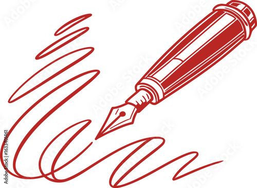 Elegant red fountain pen creating artistic strokes on a white background symbolizing creativity and writing process