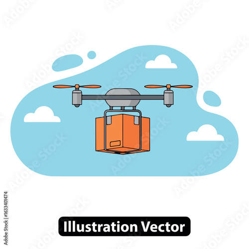 Flying delivery drone with a cardboard package. Concept of future autonomous shipping.