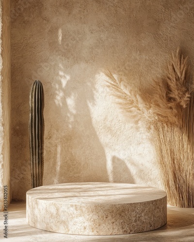 Beige, minimalist podium with natural elements.  Soft sunlight casts shadows on a textured beige wall.  A cactus and pampas grass add a touch of desert-chic