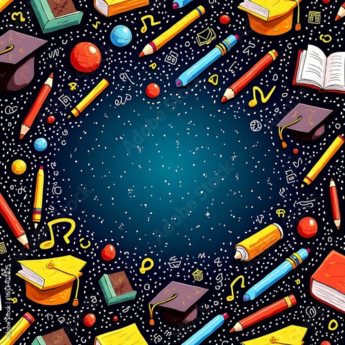 Colorful doodle pattern of education elements on a dark blue background.