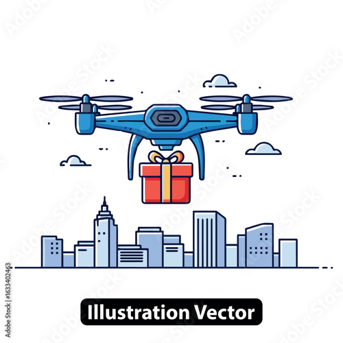 Future delivery concept with a quadcopter drone carrying a gift box over the city skyline