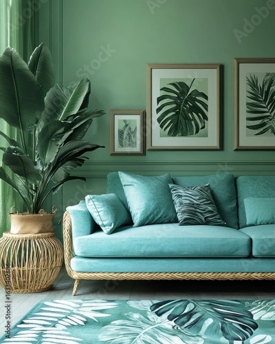 Teal sofa in a lush green room with tropical art and plants