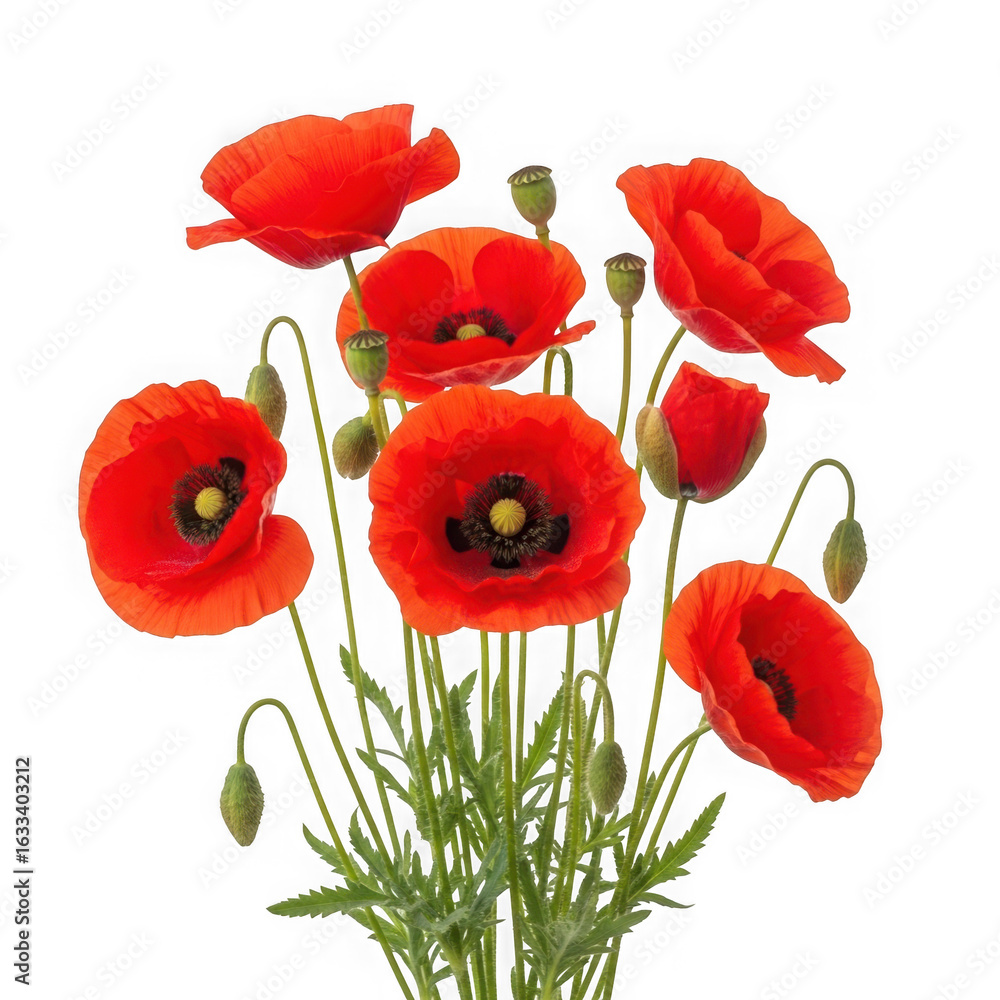 Obraz premium Vibrant red poppies with green stems isolated on transparent background