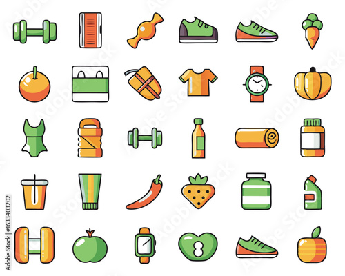 Comprehensive collection of silhouette style fitness and health symbols including exercise equipment and wellness elements isolated on transparent background