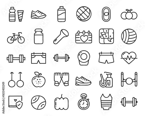 Comprehensive collection of silhouette style fitness and health symbols for wellness and athletic activities isolated on transparent background